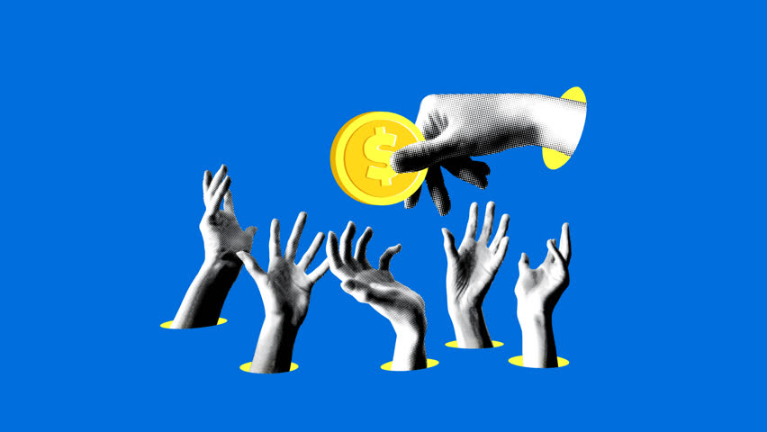 Large halftone hand holding money in front of a crowd of poor people. Concept of poverty, power and people management. Low wages in third world countries. Cash bribe. Collage animation
