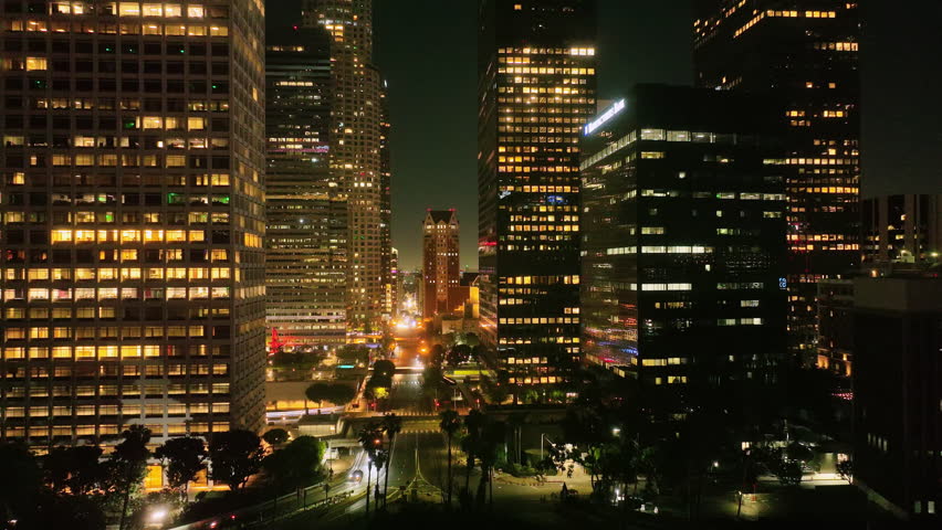 LA skyline aerial video. Downtown Los Angeles lights. Los Angeles night timelapse. Night aerial view of LA. Los Angeles urban nightscape. Los Angeles at night panorama.