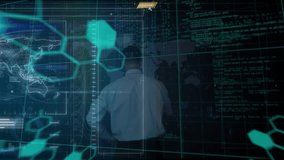 Chemical structures and data processing over rear view of businesswoman touching futuristic screen. computer interface and business technology concept - Powered by Shutterstock - Get 15% off with code: PIKWIZARD15