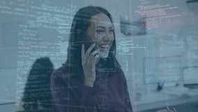 Animation of data processing over smiling businesswoman. Global networks connections data processing and digital interface concept digitally generated video. - Powered by Shutterstock - Get 15% off with code: PIKWIZARD15