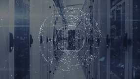 Animation of data processing over globe of network of connections against empty computer server room. Computer interface and business data storage technology concept - Powered by Shutterstock - Get 15% off with code: PIKWIZARD15