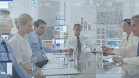 Animation of statistics and financial data processing over diverse business people. Global business, finance, computing and data processing concept digitally generated video. - Powered by Shutterstock - Get 15% off with code: PIKWIZARD15