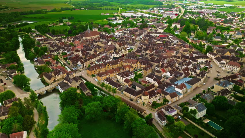 Aerial view of the famous French small town of Chablis, where grapes are grown and famous wine is made. Burgundy Region, France