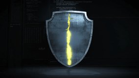 Close-up view of a cracked cybersecurity shield emitting yellow light, surrounded by floating data elements, symbolizing critical firewall failure and severe digital security breach. - Powered by Shutterstock - Get 15% off with code: PIKWIZARD15