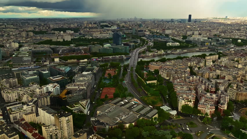 Paris, France - 25.07.2025: Panoramic view of Paris. Aerial view of stadiums Le Parc des Princes and Stade Jean-Bouin in Paris