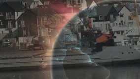 Faint glowing arc expanding into rotating digital globe overlaying harbor quay revealing continents. Technology, innovation, digital, connectivity, futuristic, global, abstract - Powered by Shutterstock - Get 15% off with code: PIKWIZARD15