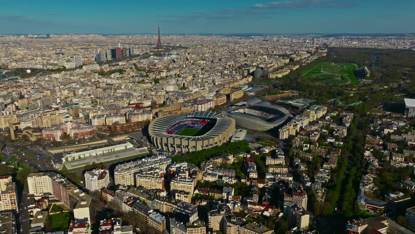 Paris, France - 25.07.2025: Panoramic view of Paris. Aerial view of stadiums Le Parc des Princes and Stade Jean-Bouin in Paris