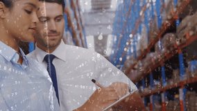 Animation of data processing over diverse male and female supervisor discussing at warehouse. Logistics business and technology concept - Powered by Shutterstock - Get 15% off with code: PIKWIZARD15
