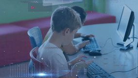 Animation of scientific data processing over students using computers. Global business digital interface technology and networking concept digitally generated video. - Powered by Shutterstock - Get 15% off with code: PIKWIZARD15