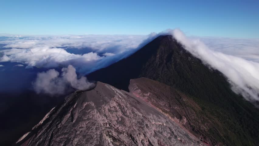 Volcan de Fuego And Acatenango Volcano In Guatemala - Drone Shot