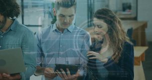 Animation of data processing and scope scanning over diverse business people at office. Global finances, business and digital interface concept digitally generated video. - Powered by Shutterstock - Get 15% off with code: PIKWIZARD15