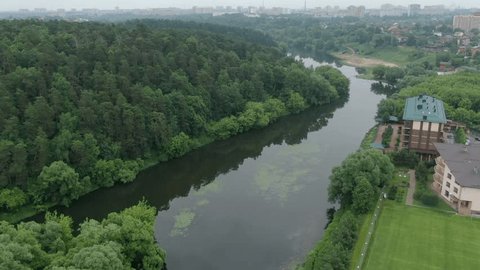 Drone Moving Forward above River Landscape