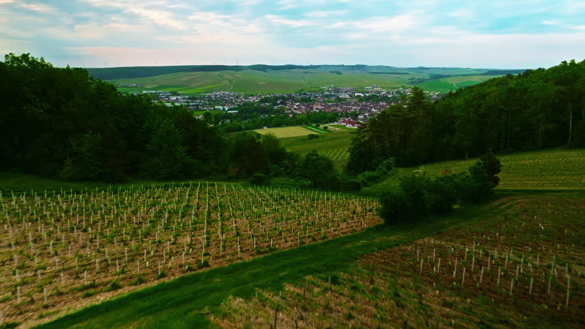 Aerial view of the famous French small town of Chablis, where grapes are grown and famous wine is made. Burgundy Region, France