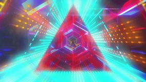 Animation of colourful neon triangles over digital tunnel. Retro future and digital interface concept digitally generated video. - Powered by Shutterstock - Get 15% off with code: PIKWIZARD15