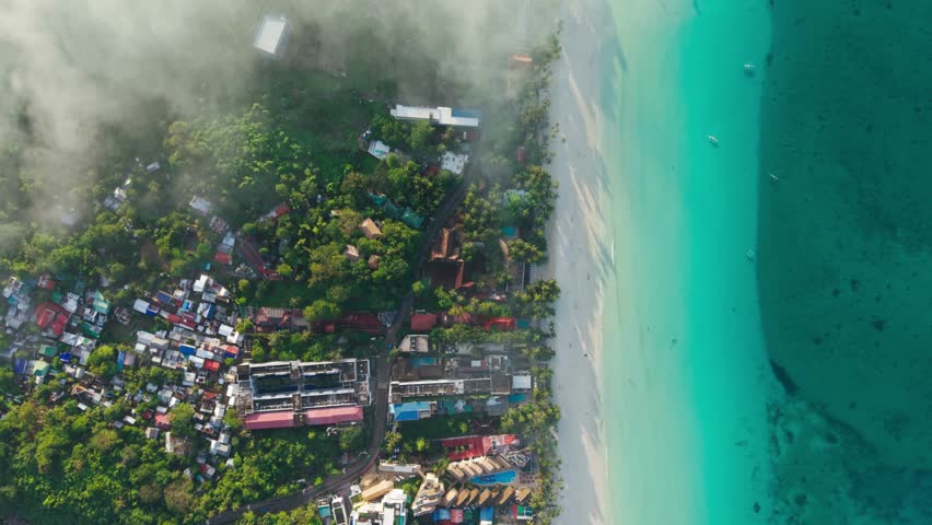 Aerial view of Boracay western coastline in Malay Aklan Philippines sunrise