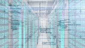 Scan initiating code scrolling over racks, camera drifting forward via grid lines scanning data. Technology, cybersecurity, data, digital, futuristic, innovation, server - Powered by Shutterstock - Get 15% off with code: PIKWIZARD15