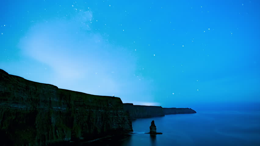 Timelapse of Milky Way core rising over Cliffs of Moher on clear night with stars above the Atlantic Ocean