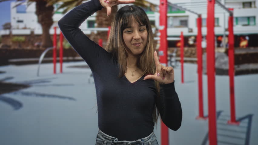 Young woman with long hair smiling and making an l hand sign with index and thumb by her face while posing in a street playground near red bars and a fountain; joyful play.