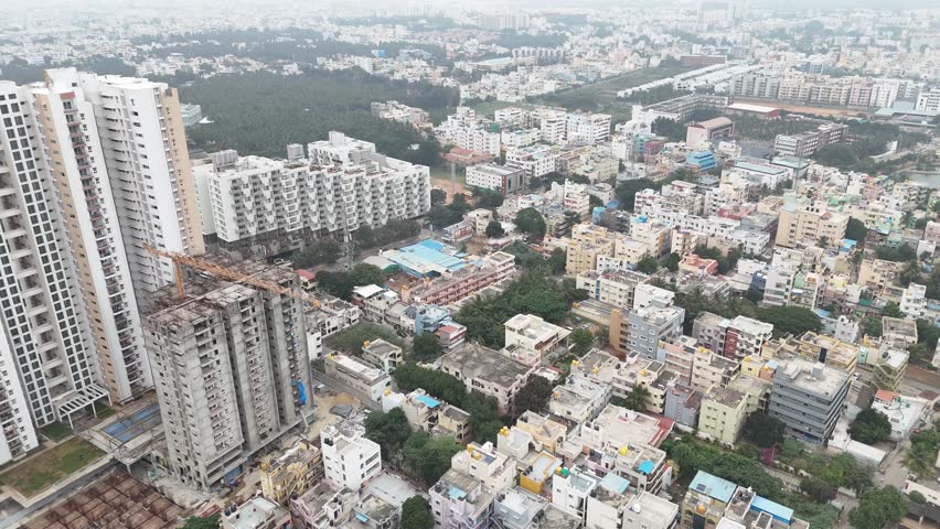 Aerial Drone View of Rajarajeshwari Nagar, Bangalore, India – Emerging Luxury Real Estate Market in South-West Bangalore with High-Rise Residential Projects, Commercial Development, and Rajarajeshwari Nagar Lake