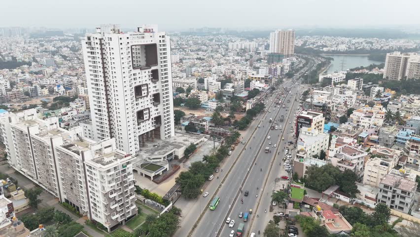 Aerial Drone View of Rajarajeshwari Nagar, Bangalore, India – Emerging Luxury Real Estate Market in South-West Bangalore with High-Rise Residential Projects, Commercial Development, and Rajarajeshwari Nagar Lake