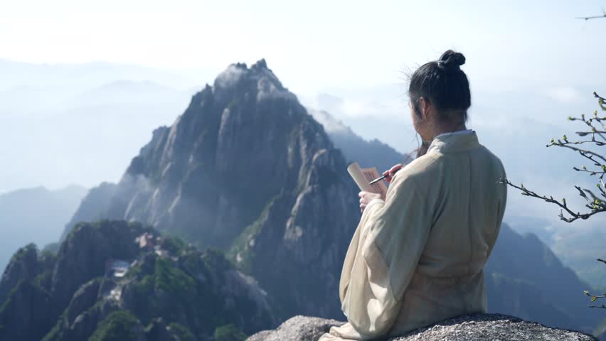 Xu Xiake, the great Ming Dynasty traveler, sits atop Huangshan Mountain. Surrounded by mist-wreathed peaks and a rolling sea of clouds, he holds paper and brush, gazing into the distance