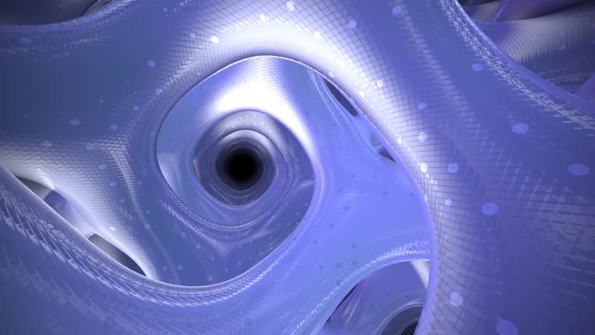 Dynamic abstract structure in shades of blue and violet, featuring fluid curving shapes, glossy reflections, and deep circular voids, ideal for technology and science motion graphics background