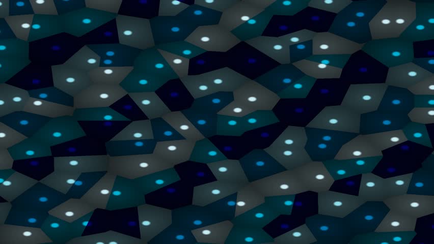 Dynamic abstract background featuring interconnected geometric polygons in deep blue, teal, and gray, illuminated by luminous white points, ideal for technology and science visuals