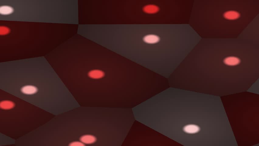 Dynamic abstract cellular pattern featuring vibrant red and soft pink pulsating lights within interlocking dark geometric polygons, ideal for futuristic technology presentations