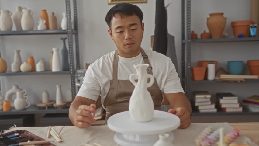 Young chinese artisan man brushes glaze onto glossy white ceramic vase on rotating pottery wheel in studio; focus.