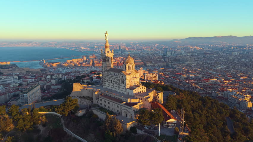City Sunrise Scene, Morning Glow Over Marseille Port, Sunrise Bathes Lively Marseille Harbor In Light. France