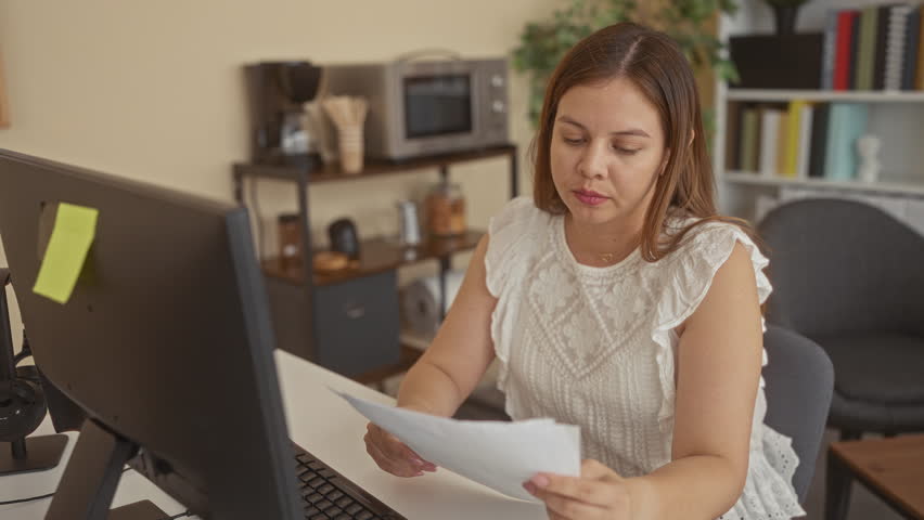 Young woman reading printed documents at desk by computer monitor and keyboard in building; stressed concentration.
