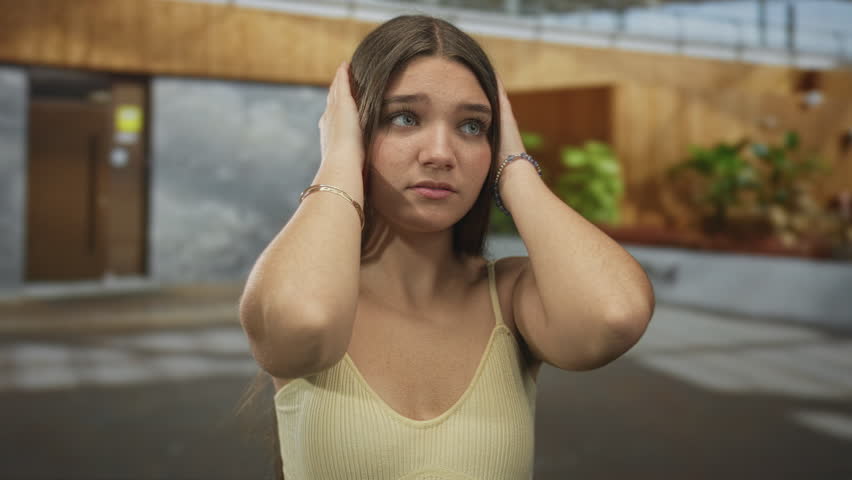 Caucasian girl in yellow top with hands over ears on a quiet street in front of a modern building; frustration.