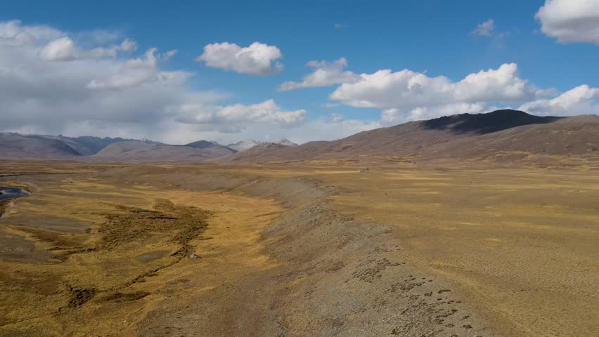 Aerial view of the expansive Deosai National Park revealing the stark beauty of the landscape under the vast sky, Astore, Gilgit, Pakistan.