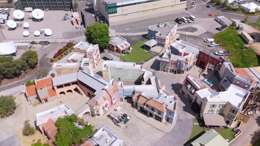 Aerial view of colorful film set facades at Universal Studios in Los Angeles, April 20, 2025