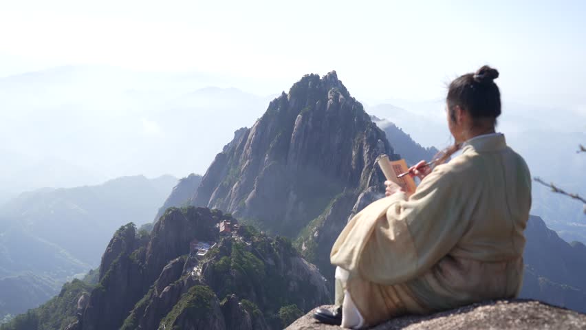 Xu Xiake, the great Ming Dynasty traveler, sits atop Huangshan Mountain. Surrounded by mist-wreathed peaks and a rolling sea of clouds, he holds paper and brush, gazing into the distance