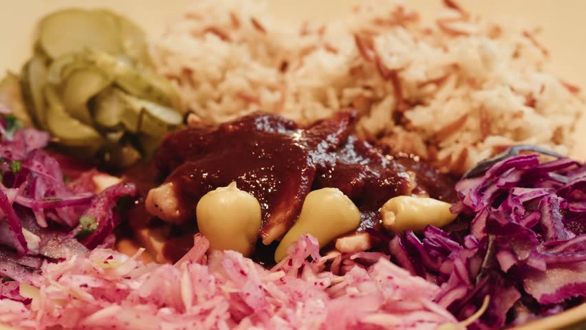 Gyros Plate with Rice and Salad isolated on white Background, turkish traditional rice with vegetables.