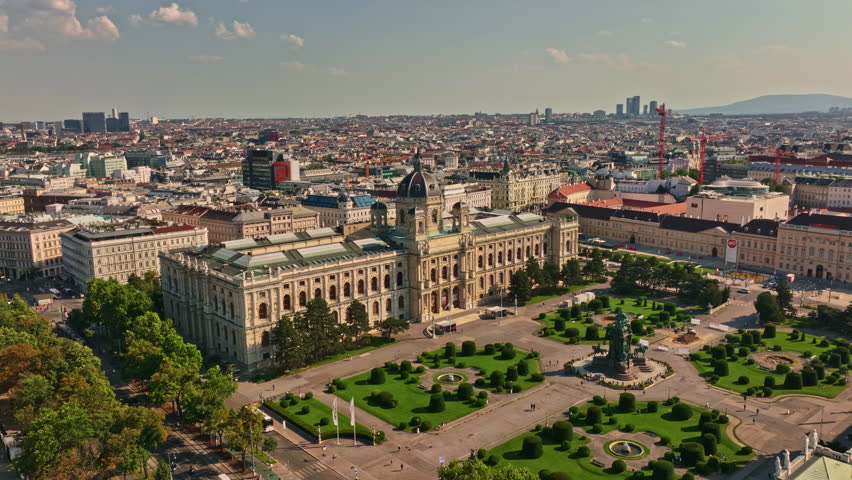 Vienna imperial museum architecture. Vienna historic Maria Theresa heritage from drone. Theresien Platz in Wien. Vienna historic Maria Theresa heritage landmark. Vienna capital city of Austria.