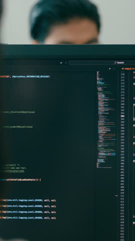 Vertical Screen : Closeup Adult Asia male, female freelance typing write prompt AI bot IT app smart program nomad, video game, terminal with coding language designer, big data center desktop computer.