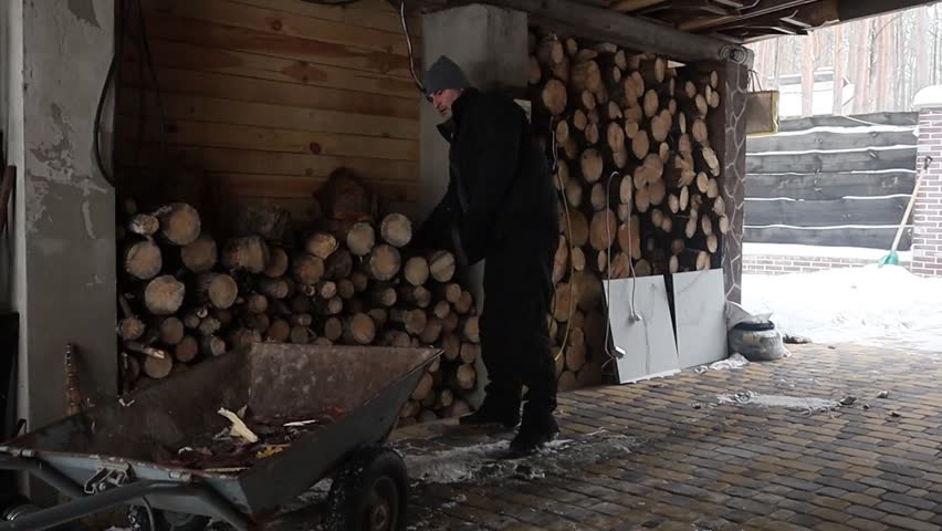 A man chops firewood in the forest near his house
