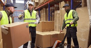 Workers warehouse loading boxes pallet trolley manual. Team in vests uses a pallet trolley near shelving for picking, supporting shipping and delivery. Clean and safe logistics concept. - Powered by Shutterstock - Get 15% off with code: PIKWIZARD15