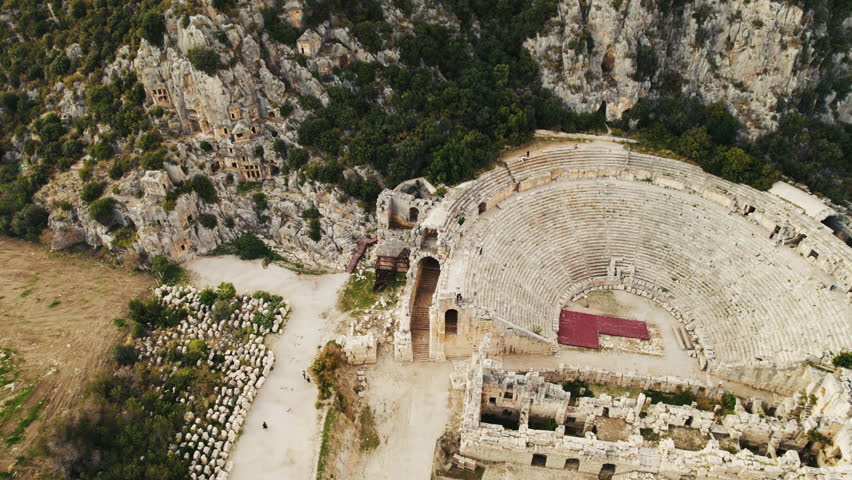 Aerial view of ancient Myra Lycian tombs and roman theater