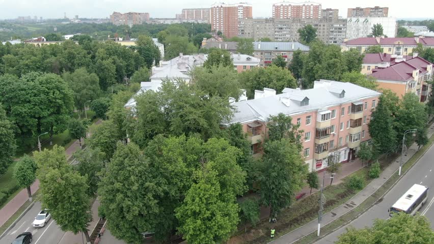 Drone flying diagonally above residential buildings in Podolsk
