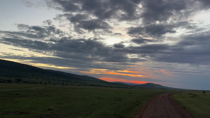 Golden sunset light falling over the lush green plains of Masai Mara, creating a peaceful and atmospheric African savannah scene.