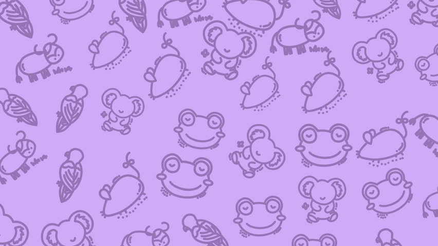 Seamless purple hand drawn repeating farm animal pattern featuring cute frogs elephants snails motifs ideal for textiles wallpapers packaging and nursery decor.