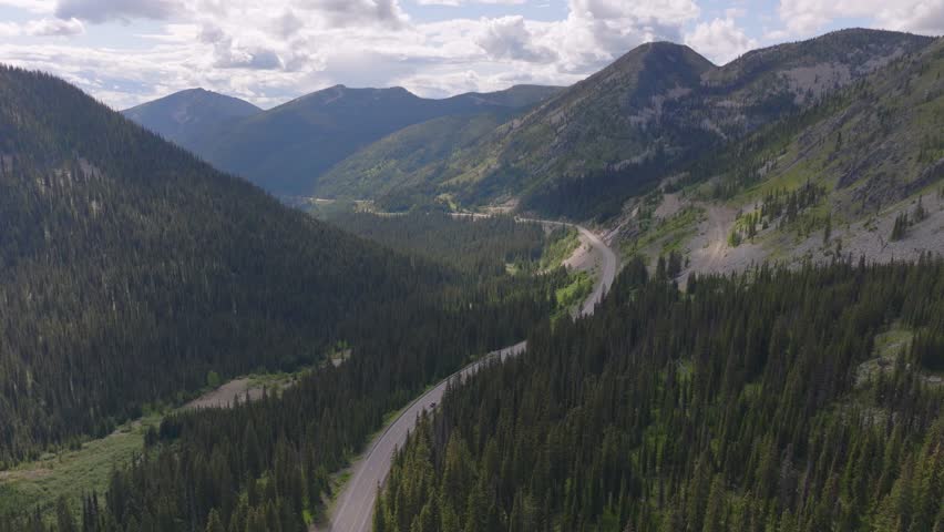Flying over a road in the mountains