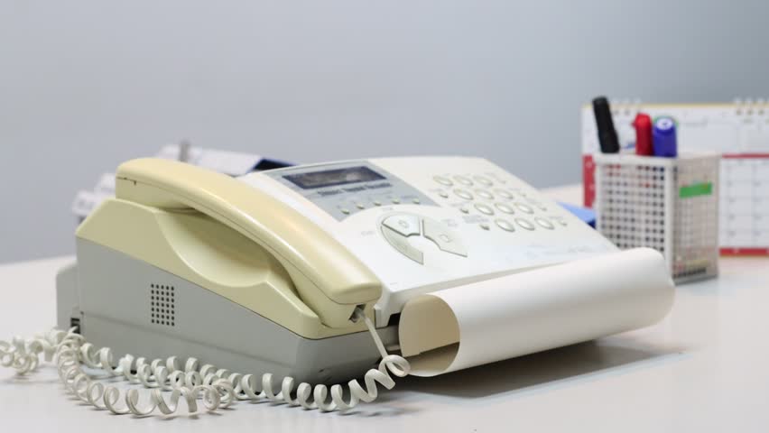 A man hands using a fax machine, placing paper into the tray and sending a fax in an office