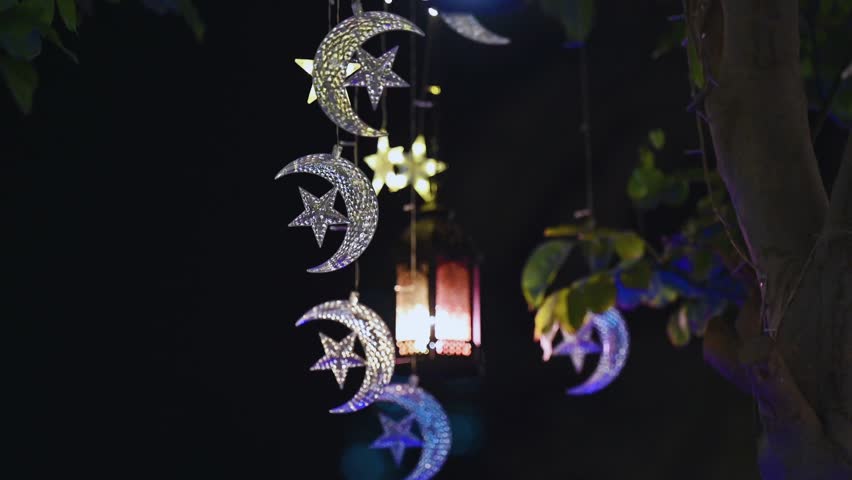 Glowing crescent moon and star ornaments hanging from tree branch at night