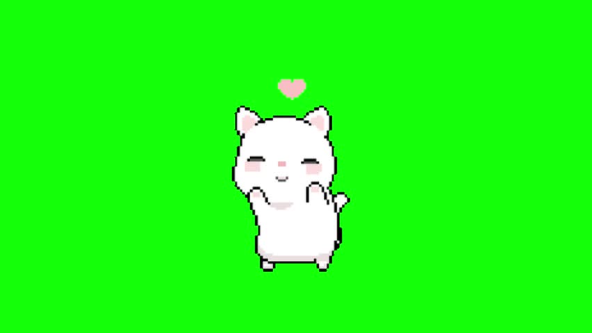 Cute pixel art cat characters, often featuring hearts, are commonly used to express affection or admiration.