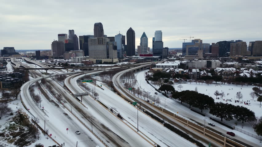 Snow covered highway 75 in Dallas, Texas during winter. 