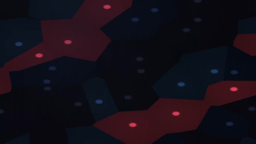 Animated geometric shapes in red and blue hues move across a dark background with scattered dots of light.